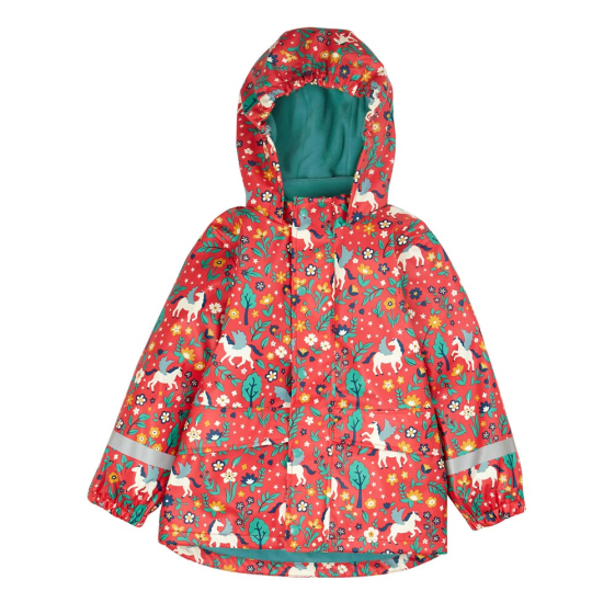 Frugi childrens recycled plastic pegasus print puddle buster rain coat on a white background