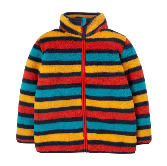 Frugi childrens rainbow stripe toasty ted fleece jacket on a white background