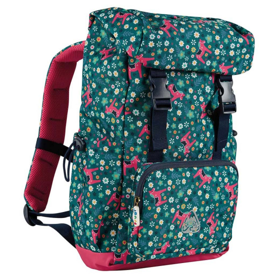 Frugi Trailblazing rucksack with flowers and horses printed all overwith pink inner back straps and reflective detailing on pocket