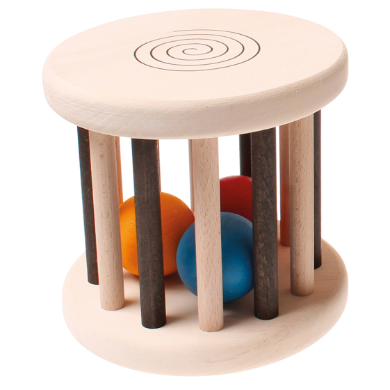 Grimm's Rolling Monochrome Wheel wooden baby toy pictured on a plain background 