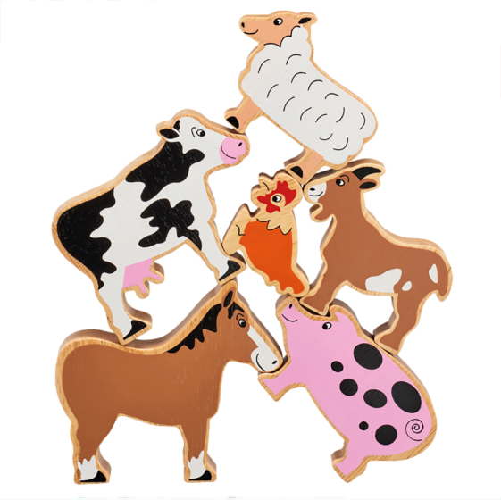 Lanka Kade Farm Yard Animal set with a white sheep, black and white cow, orange chicken, brown goat, brown horse and a pink pig stacked on top of each other 