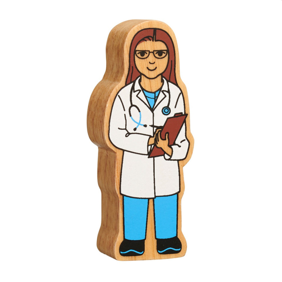 Lanka Kade sustainable wooden doctor character toy on a white background