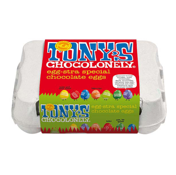 Tony's Chocolonely egg-stra special fairtrade chocolate mini easter egg box on a white background