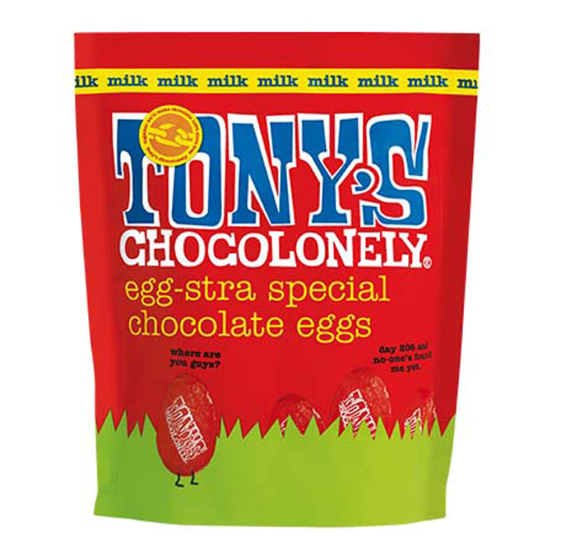 Tonys chocolonely fairtrade milk chocolate mini easter eggs pouch on a white background