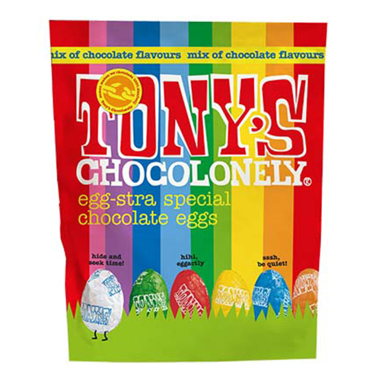 Tony's chocolonely eco-friendly fairtrade mini chocolate eggs pouch in the mixed flavours pack on a white background