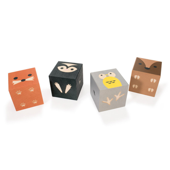 Uncle Goose eco-friendly wooden forest cubeling toy blocks laid out on a white background