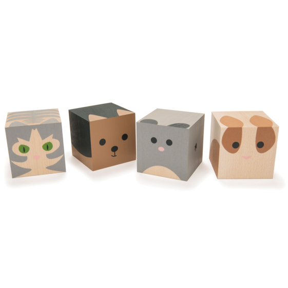 Uncle Goose eco-friendly wooden pet cubeling toy blocks lined up on a white background