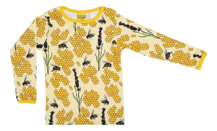 Organic cotton children long sleeve top with bees and honeycomb print on pale yellow from DUNS
