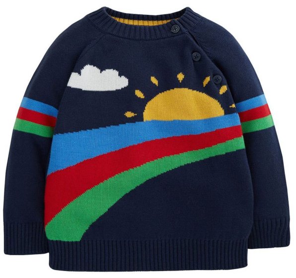  indigo blue organic cotton knitted jumper for children with a ribbed round neck, raglan sleeves and a rainbow and sun scene design which wraps around the arms from frugi
