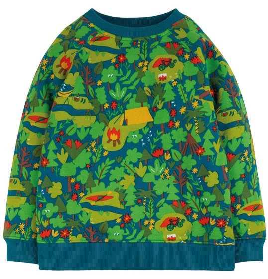 This organic cotton Frugi Camping Rex Jumper for toddlers and children is green with a fun camping in the woods design