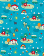 A close up of the pattern on the Frugi X Babipur Tobermory Camp Out Libby Printed children's leggings with colourful suns, rainbows, Babipur elephants, trees, Babipur camper van and houses
