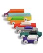 Collection of Bumbu eco-friendly wooden car toys laid out in a line on a white background
