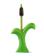Close up of a green plant from the Bumbu handmade wooden lake and cattail puzzle on a white background