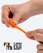 Close up of hands stretching a FixIts orange repair strip on a white background