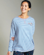 Woman wearing the Frugi eco-friendly meg maternity and nursing striped pyjama top on a grey background