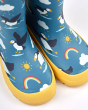 Close up of the puffin puddles print on the Frugi childrens puddle buster wellies on a white background
