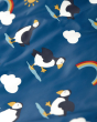 Close up of the puffin print on the Frugi kids blue waterproof rain jacket