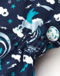 Close up of the pegasus print on the Frugi all in one waterproof suit