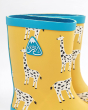 Close up of the Frugi logo on the yellow puddle buster giraffe wellies