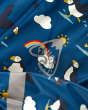 Close up of the reflective Frugi logo on the childrens recycled plastic waterproof suit 