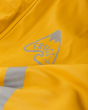 Close up of the reflective Frugi logo on the yellow all in one puddle buster suit