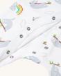 A closer view of the front fasteners on the Frugi Baby Organic Cotton Lovely Babygrow - Sleepy Sloths. A footed babygrow imade from super soft organic cotton and features adorable sleepy sloths and rainbows all-over print, on a cream background