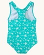 The back of the Frugi Sally Swimsuit - Macaw. A beautiful lined teal blue swimsuit with a white flower print, on a cream background.