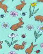 A closer look at the Frugi Organic Cotton Tallie Dress - Riverine Rabbits print. Made with GOTS Organci Cotton, this dress is a beautoful mint green colour, with decorative brown rabbits, yellow, white and pink flowers, bees and ladybirds