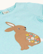 A closer view of the light brown rabbit with embroidered flowers, on the Frugi Evie Applique T-Shirt - Rabbit, a beautiful light green mint t-shirt