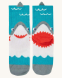 the Shark pair of sock in the Frugi Character Socks 2-Pack - Shark / Squid, made with GOTS Organic Cotton. The heel of the socks creates an open mouth illusion of the shark.
