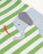 A closer look at the grey elephant and water spray on the Frugi Organic Easy On Wrap Around Outfit - Kiwi Stripe / Elephant