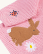 A closer view of the rabbit, ladybird and flower applique detail on the pink, knitted Frugi Colby Cardigan - Jellyfish / Rabbit.