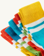 A closer view fo the sock cuffs and colours on the Frugi Reed Rib Socks 5-Pack - Rainbow, made from GOTS Organic Cotton. A five pair pack of ribbed socks featuring striped designs, on a cream background.