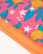 A closer view of the material and orange blossom print on the Frugi Organic Cotton Laurie Shorts Orange Blossom/Tangerine - 2 Pack