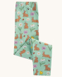Frugi Little Libby Printed Leggings - Riverine Rabbits, made from GOTS Organic Cotton. The legs of the leggings are folded and have a beautiful spring-time print of yellow, white and pink flowers, bees, ladybirds and brown bunnies, and on a light mint gre