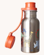 The open lid on the Frugi Kids Splish Splash Steel Bottle - Frugi Farm, with adorable wild animals and vehicles on a steel bottle and an orange cap with a loop connection keeping the lid secured onto the bottle neck when opened, on a cream background