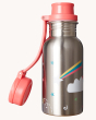 The open lid on the Frugi Kids Splish Splash Steel Bottle - Rainbow Clouds, with adorable rainbow, clouds and star prints on a steel bottle and a pink cap with a loop connection keeping the lid secured onto the bottle neck when opened, on a cream backgrou
