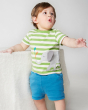 A child with a surprised look on their face, wearing the Frugi Organic Easy On Wrap Around Outfit - Kiwi Stripe / Elephant. The ear on the elephant is movable 