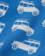 Close up of the vehicles on the Frugi orwin outfit in the Cornish rides print