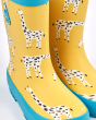 Close up of the yellow giraffe print on the Frugi eco-friendly puddle buster wellies