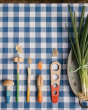 The Grapat Wooden Sensory Play Tools lined up in a row, next to a bunch of spring onions, on a chequered blue and white table cloth
