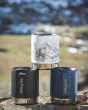Three Klean Kanteen Camping Mugs, a black and dark denim mug on the bottom and a white mountain etched mug on the top 