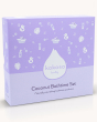 The Kokoso Coconut Bathtime Organic Baby Gift Set in its purple and white gift box stood upright on a cream background