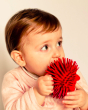 Close up of young child holding the Lanco natural rubber red hedgehog toy to their mouth