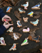 Lanka Kade wooden bird toys, in a woodland setting surrounded by leaves
