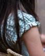 A closer look at the shoulder frills on the Little Green Radicals Powder Blue Frill Dress
