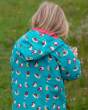 A look at the back of the Little Green Radicals Garden Birds Recycled Waterproof Windbreaker Jacket, showing the hood and bird design