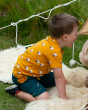 A child happily playing outside wearing the Little Green Radicals Counting Sheep Short Sleeve T-Shirt. Made from GOTS organic cotton, this t-shirt has a fun sheep print on orange fabric