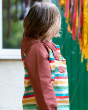 A closer look at the side of the Little Green Radicals Rainbow Striped Recycled Waterproof Windbreaker Jacket on a child