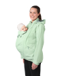 A person wearing the Mamalila Outdoor Explorer Babywearing Jacket - Mint, with a baby in the front carrier